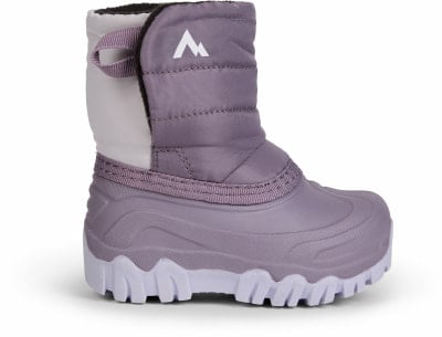 Lila Winterstiefel mit weißem Berglogo und rutschfester Sohle. Lila Winterstiefel mit weißem Berglogo und rutschfester Sohle.