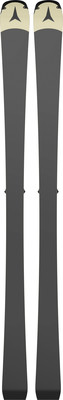 Skischuhe mit cremefarbenem Oberteil und schwarzem Atomic-Logo. Skischuhe mit cremefarbenem Oberteil und schwarzem Atomic-Logo.