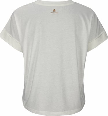 Cremefarbenes T-Shirt mit kurzen Ärmeln und Active Rebel Logo auf dem Rücken.