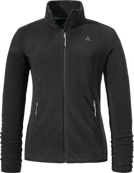 Schwarze Fleecejacke mit Reißverschluss und Logo auf der Brust.