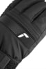 Schwarze Handschuhe mit Logo und Nähten an den Fingern.