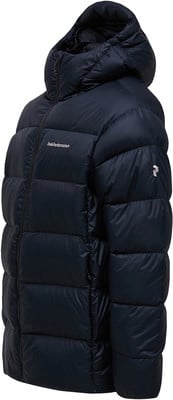 Dunkelblaue Daunenjacke mit Kapuze und Markenlogo auf der Brust.