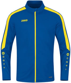 Blaue Jacke mit gelben Streifen und JAKO-Logo auf der Brust.
