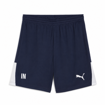 Marineblaue Shorts mit weißem Saum und Puma-Logo.