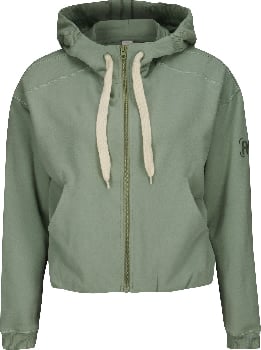 Grüne Damen-Kapuzenjacke mit Reißverschluss und beigen Kordeln.