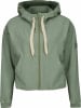 Grüne Damen-Kapuzenjacke mit Reißverschluss und beigen Kordeln.