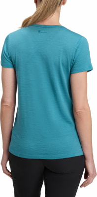 Rückansicht einer Frau in einem türkisfarbenen kurzärmeligen T-Shirt und schwarzen Hosen. Rückansicht einer Frau in einem türkisfarbenen kurzärmeligen T-Shirt und schwarzen Hosen.