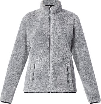 Graue Fleecejacke mit Reißverschluss und zwei Taschen.