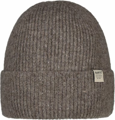 Graue Strickmütze mit Rippenmuster und kleinem Markenlogo.