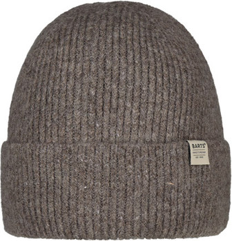 Graue Strickmütze mit Rippenmuster und kleinem Markenlogo.