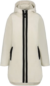 Beige Kapuzenjacke mit durchgehenden schwarzen Streifen.