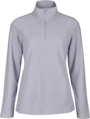 Damen Pullover in Hellviolett mit Reißverschluss und gemustertem Stoff.