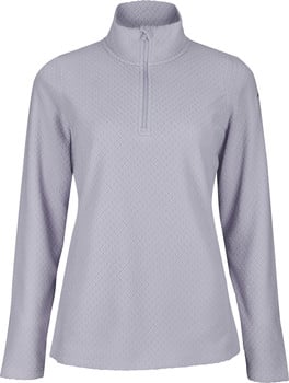 Damen Pullover in Hellviolett mit Reißverschluss und gemustertem Stoff.