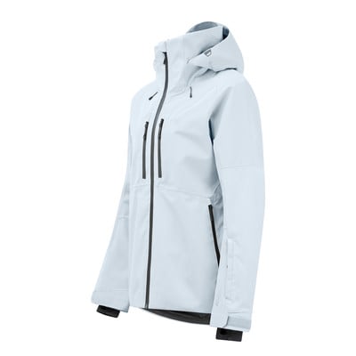 Weiße Herren-Skijacke mit Kapuze und schwarzen Reißverschlüssen. Weiße Herren-Skijacke mit Kapuze und schwarzen Reißverschlüssen.