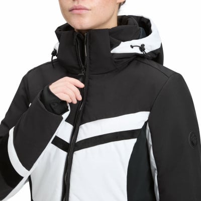 Detail einer Damen-Skijacke in Schwarz und Weiß.