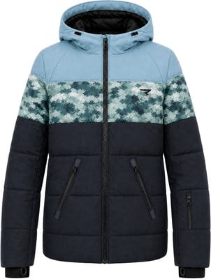 Blaue Daunenjacke mit Camouflage-Muster und Kapuze.