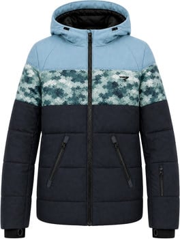 Blaue Daunenjacke mit Camouflage-Muster und Kapuze.