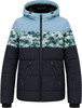 Blaue Daunenjacke mit Camouflage-Muster und Kapuze.