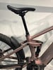 Das Heck eines rosafarbenen E-Bikes mit RockShox-Dämpfer und Schutzblech.