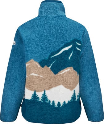 Grüne Fleecejacke mit Bergmotiv und Nadelbäumen.