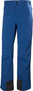 Blaue Skihose mit schwarzen Beinabschlüssen und Knopfverschluss.