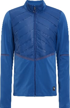Blaue Herrenjacke mit gesteppter Vorderseite und dunklerem Streifen.