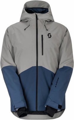 Graue Herren-Skijacke mit blauem Unterteil und Scott-Logo. Graue Herren-Skijacke mit blauem Unterteil und Scott-Logo.