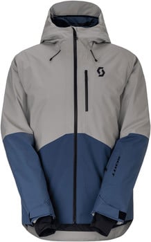 Graue Herren-Skijacke mit blauem Unterteil und Scott-Logo.
