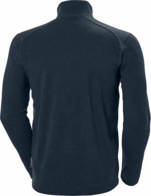 Rückansicht eines dunkelblauen Fleece-Pullovers mit langen Ärmeln. Rückansicht eines dunkelblauen Fleece-Pullovers mit langen Ärmeln.