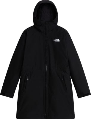 Schwarze Kapuzenjacke mit The North Face Logo vorne. Schwarze Kapuzenjacke mit The North Face Logo vorne.