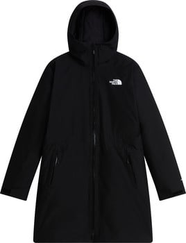 Schwarze Kapuzenjacke mit The North Face Logo vorne.