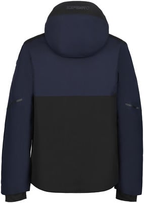Rückansicht einer dunkelblauen Skijacke mit schwarzem Unterteil. Rückansicht einer dunkelblauen Skijacke mit schwarzem Unterteil.