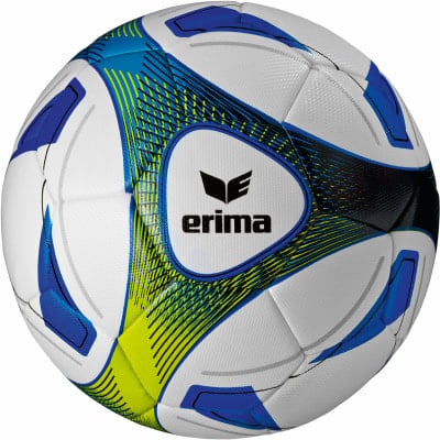 Ein Erima Fußball mit weißem, blauem und gelbem Muster. Ein Erima Fußball mit weißem, blauem und gelbem Muster.