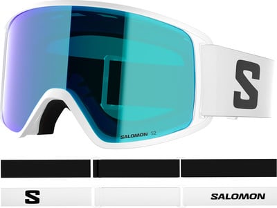 Salomon S2 Skibrille mit weißem Rahmen und blaugrüner Linse. Salomon S2 Skibrille mit weißem Rahmen und blaugrüner Linse.