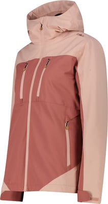 Eine rosa Damenjacke mit Kapuze, Farbblöcken und Reißverschlüssen. Eine rosa Damenjacke mit Kapuze, Farbblöcken und Reißverschlüssen.