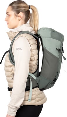 Frau mit Rucksack, Profilansicht.