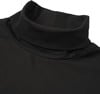 Detail eines schwarzen Rollkragenpullovers mit Rippstruktur.