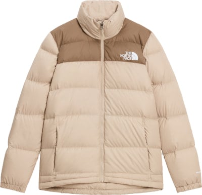 Béžová páperová bunda The North Face s hnedým pruhom cez ramená. Béžová páperová bunda The North Face s hnedým pruhom cez ramená.