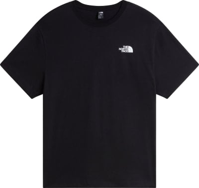 Schwarzes T-Shirt mit kurzen Ärmeln und weißem The North Face Logo auf der Brust. Schwarzes T-Shirt mit kurzen Ärmeln und weißem The North Face Logo auf der Brust.