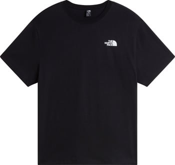 Schwarzes T-Shirt mit kurzen Ärmeln und weißem The North Face Logo auf der Brust.