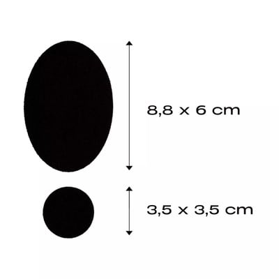 Zwei schwarze ovale Aufkleber mit den Maßen 8,8 x 6 cm und 3,5 x 3,5 cm. Zwei schwarze ovale Aufkleber mit den Maßen 8,8 x 6 cm und 3,5 x 3,5 cm.