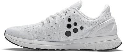 Weiße Laufschuhe mit schwarzen Kreisdetails und weißen Schnürsenkeln. Weiße Laufschuhe mit schwarzen Kreisdetails und weißen Schnürsenkeln.