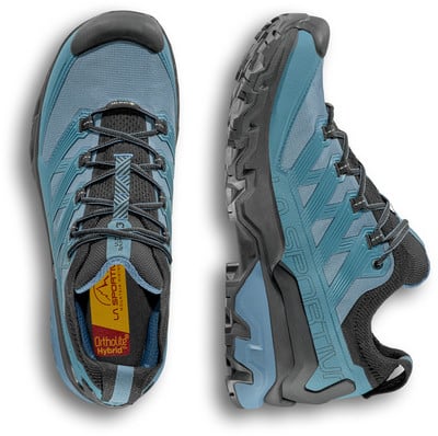 Draufsicht und Seitenansicht von blauen Wanderschuhen mit schwarzen Schnürsenkeln.