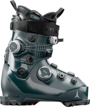 Grüner Skischuh mit BOA-System und ATOMIC-Aufschrift.