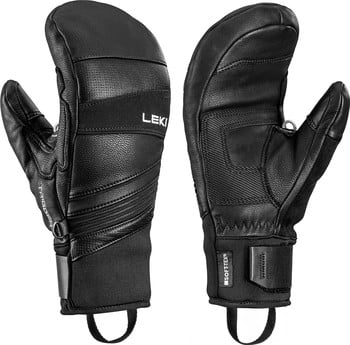 Schwarze Leder-Fäustlinge von Leki mit Logo und Handgelenkband.