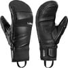 Schwarze Leder-Fäustlinge von Leki mit Logo und Handgelenkband.