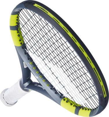 Tennisschläger mit grauem Rahmen und limettengrünen Akzenten.