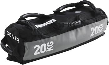 Schwarzer Trainingssack mit der Aufschrift 20 kg und Hyrox-Logo.