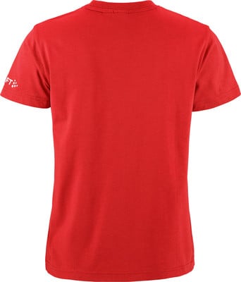 Rotes T-Shirt mit kurzen Ärmeln und Markenlogo auf dem linken Ärmel. Rotes T-Shirt mit kurzen Ärmeln und Markenlogo auf dem linken Ärmel.