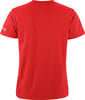 Rotes T-Shirt mit kurzen Ärmeln und Markenlogo auf dem linken Ärmel.